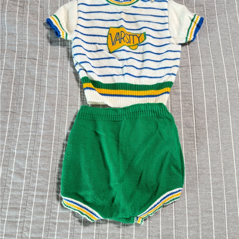 Vintage 80s Doe Spun Striped Knit Baby Set
